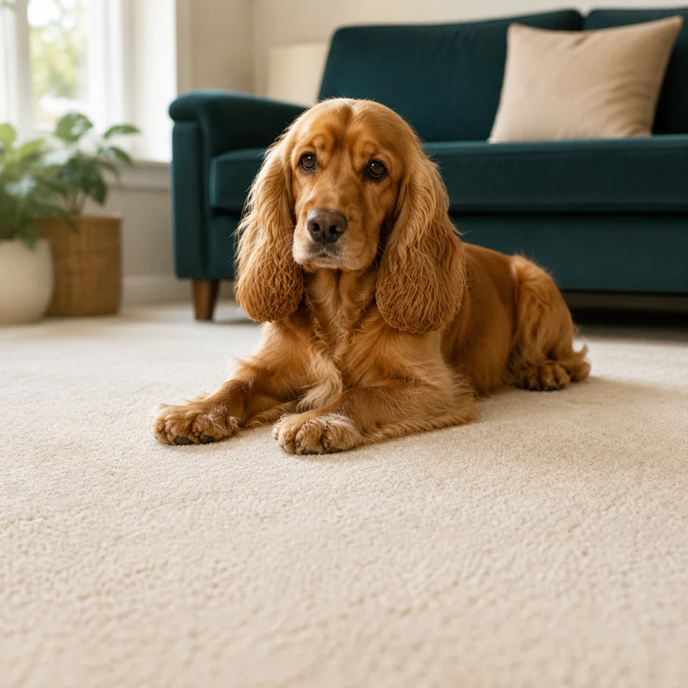 A calm pet beside a freshly cleaned carpet