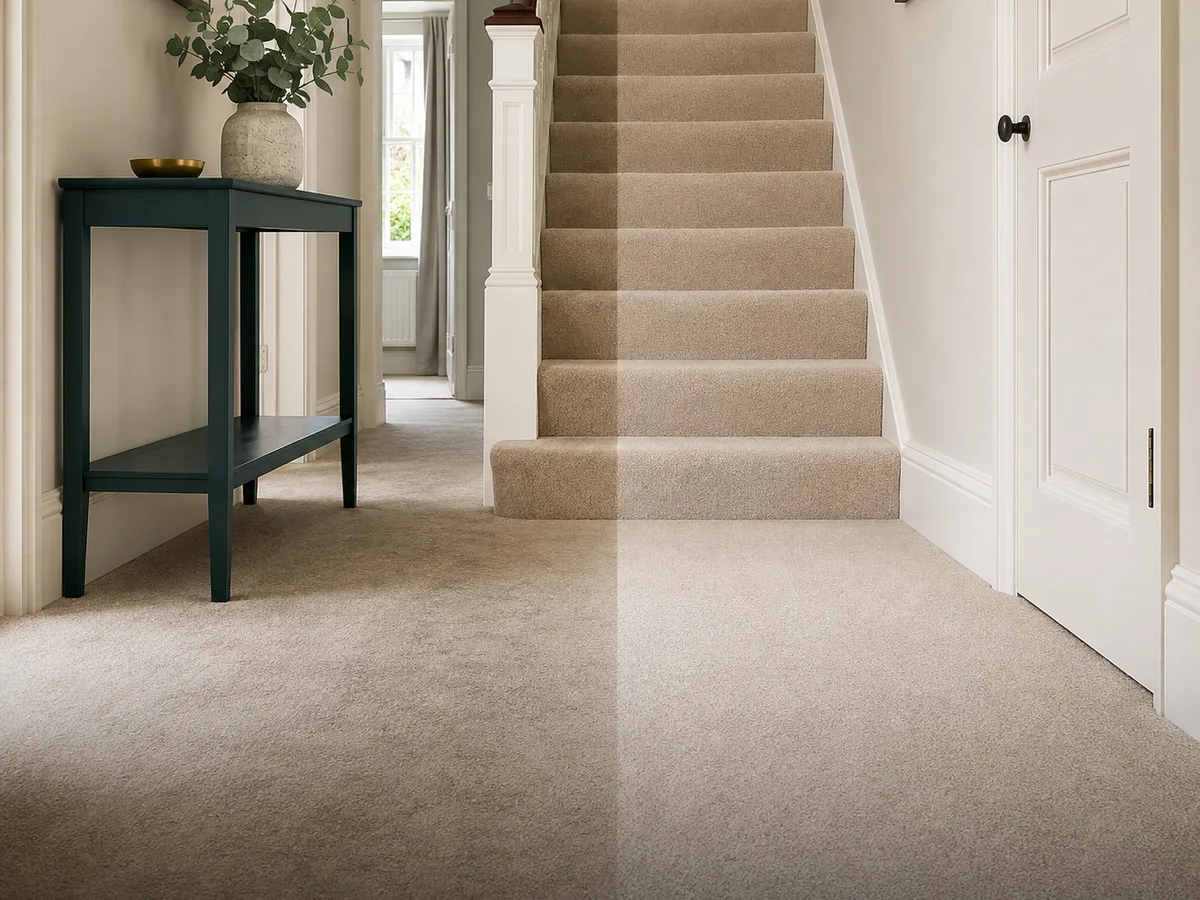 Before and after deep clean on a carpeted hallway and stairs