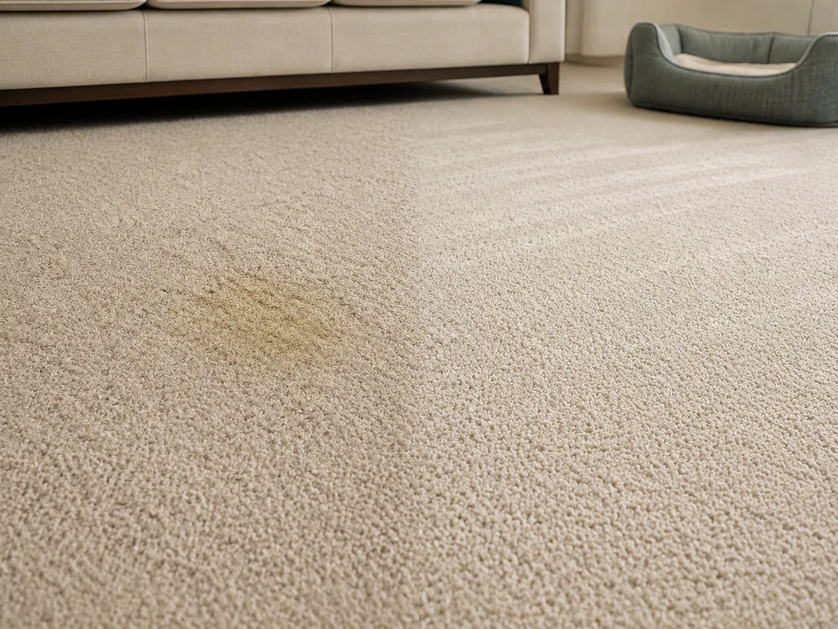 Before and after pet accident treatment on a cream carpet